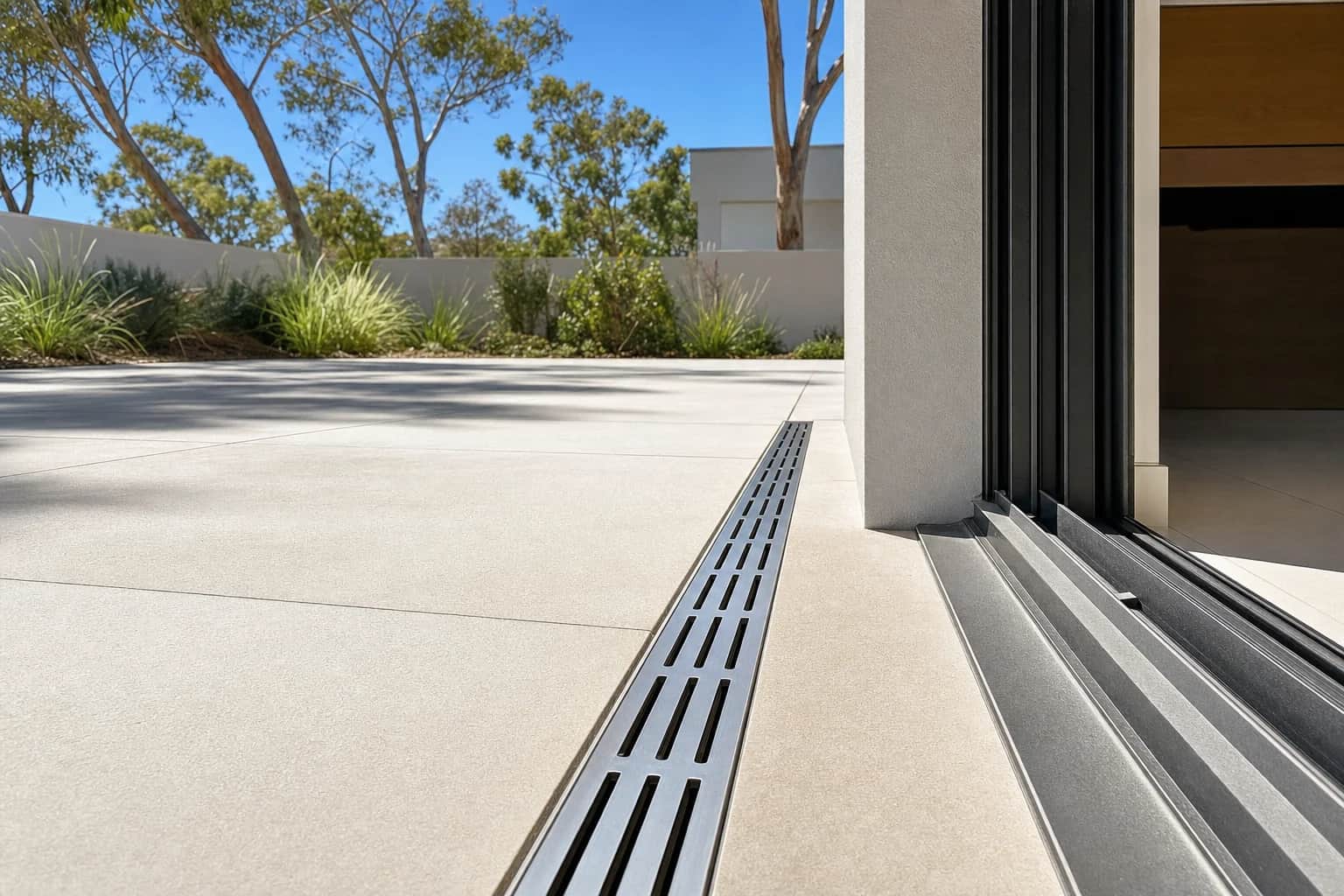 A slim linear strip drain set into pale porcelain paving directly outside a sliding door threshold