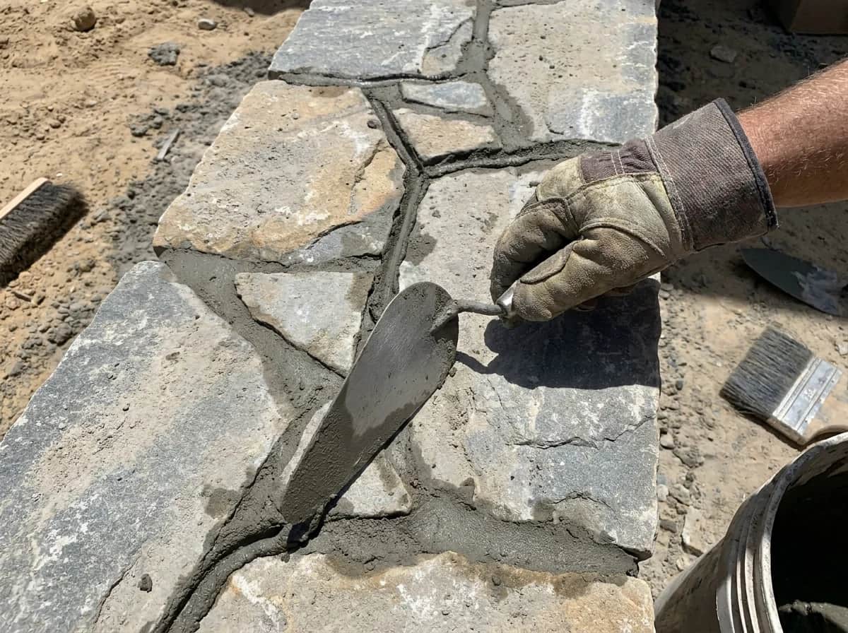 Dark grey grout being worked into the joints between irregular crazy paving stones with a pointing trowel