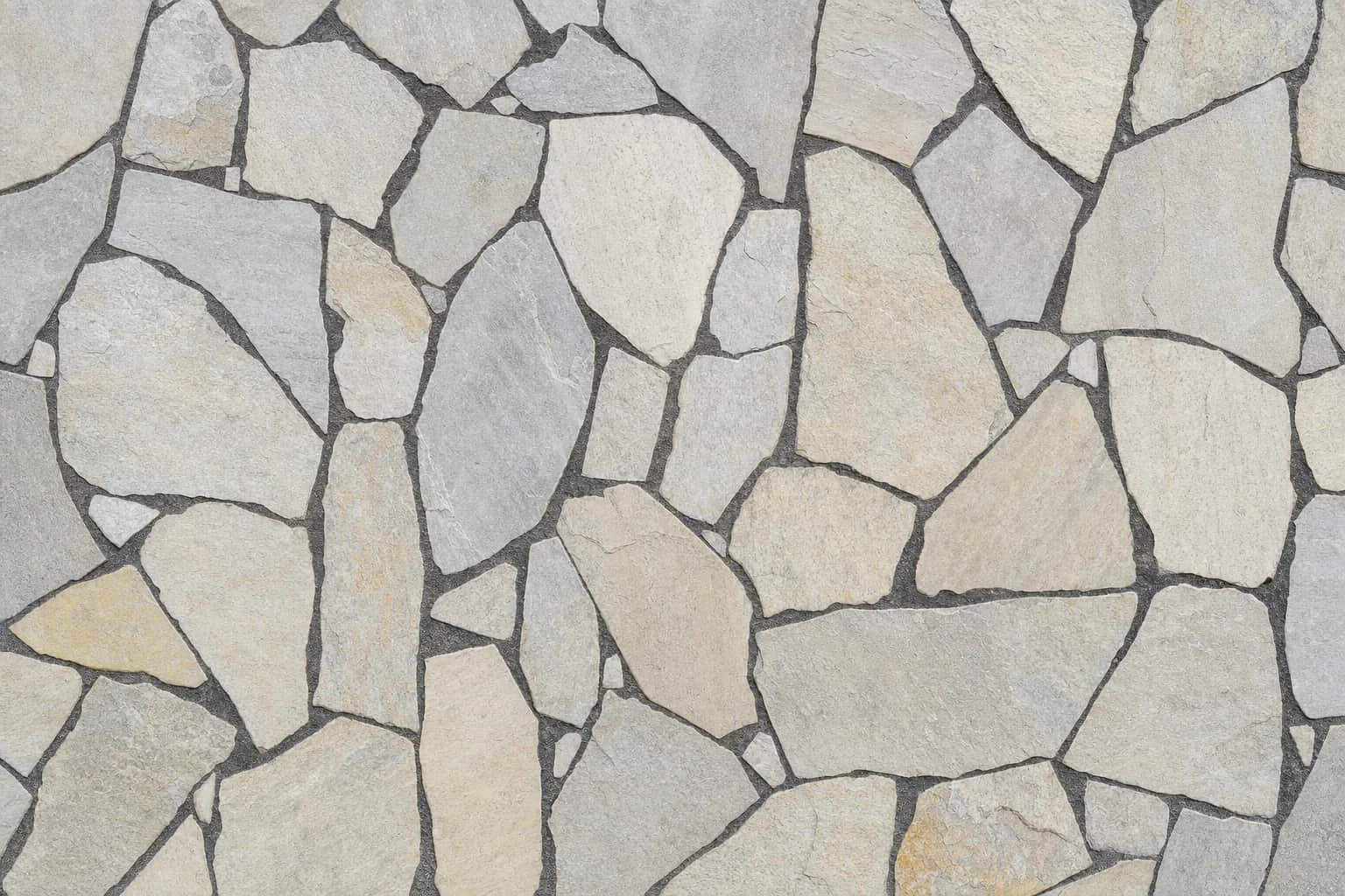 Crazy paving of irregular natural stone fitted together with narrow mortar joints