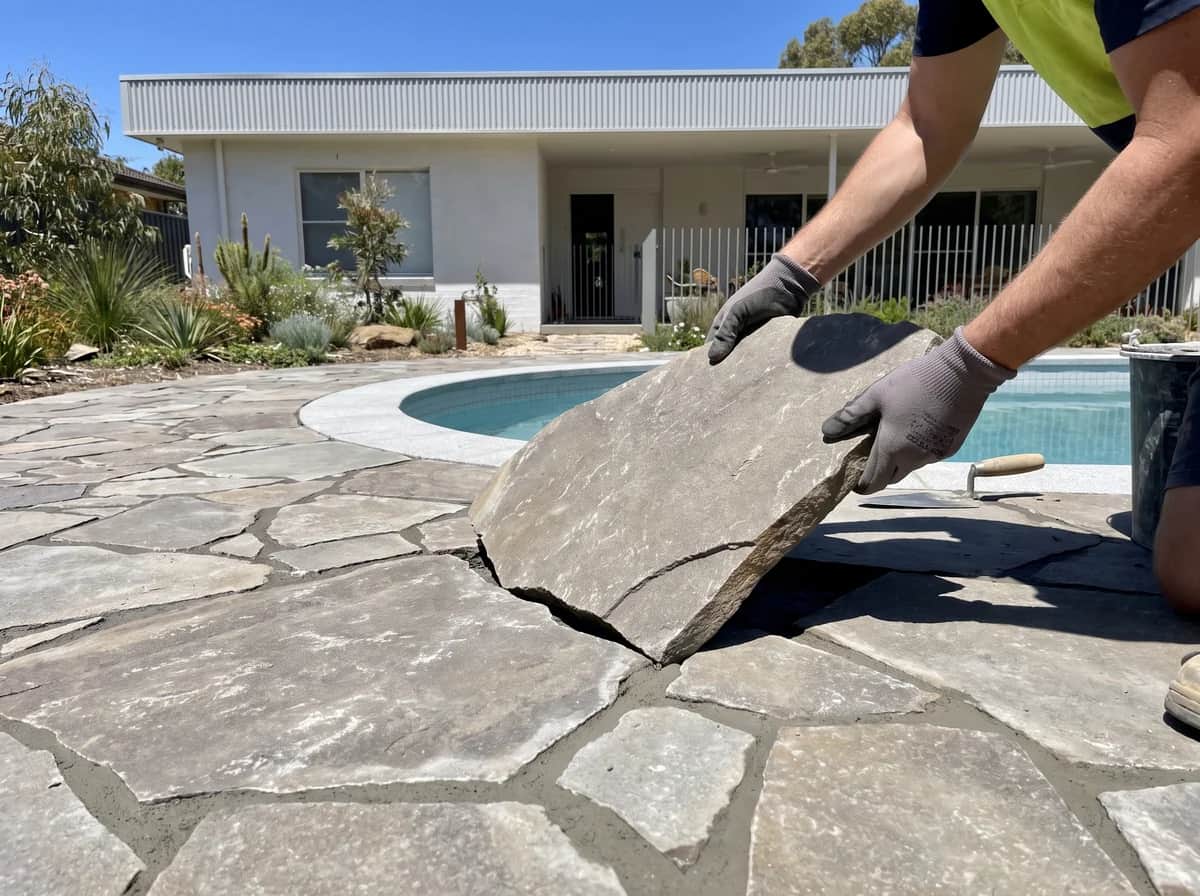 An angular flagstone piece being lowered into a gap cut to match it, beside a Perth pool with the surrounding joints already grouted