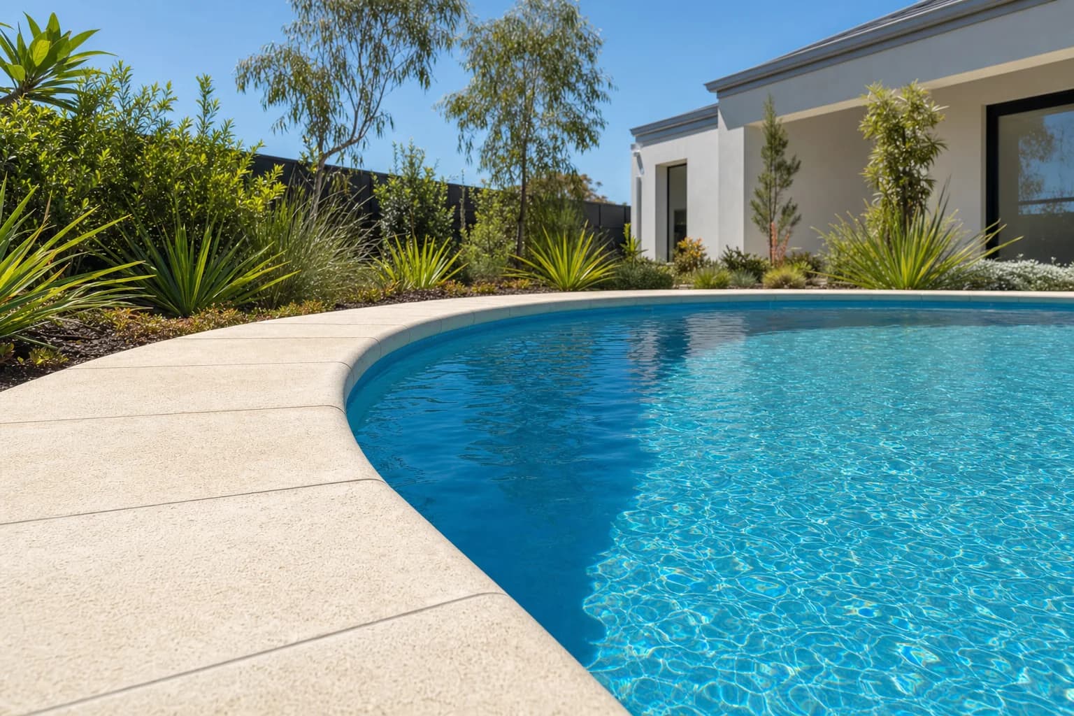Bullnose coping following the curve of a Perth pool with even joints the whole way round