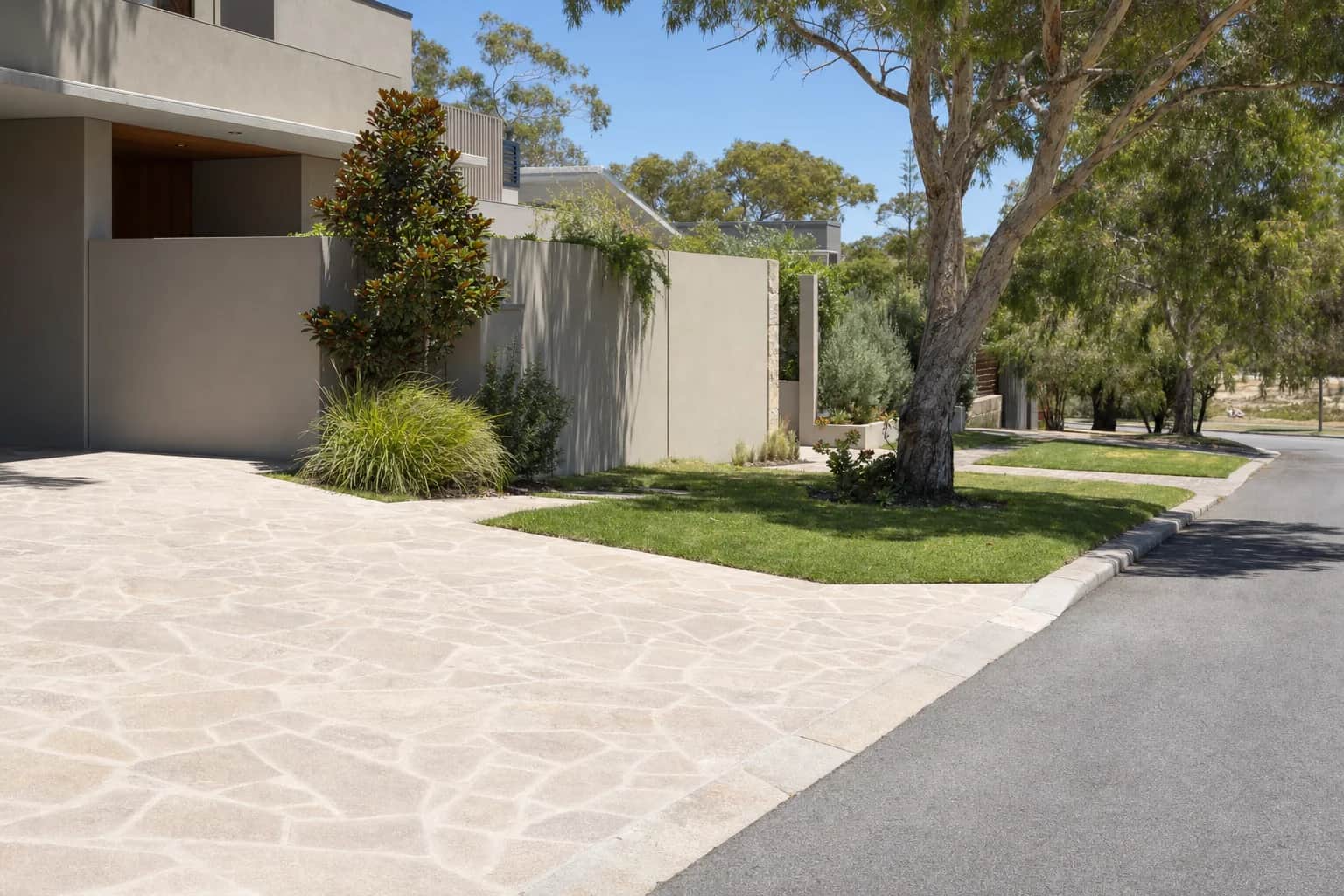 The crossover where a paved driveway meets the street kerb, with mown verge lawn and a street tree beside it