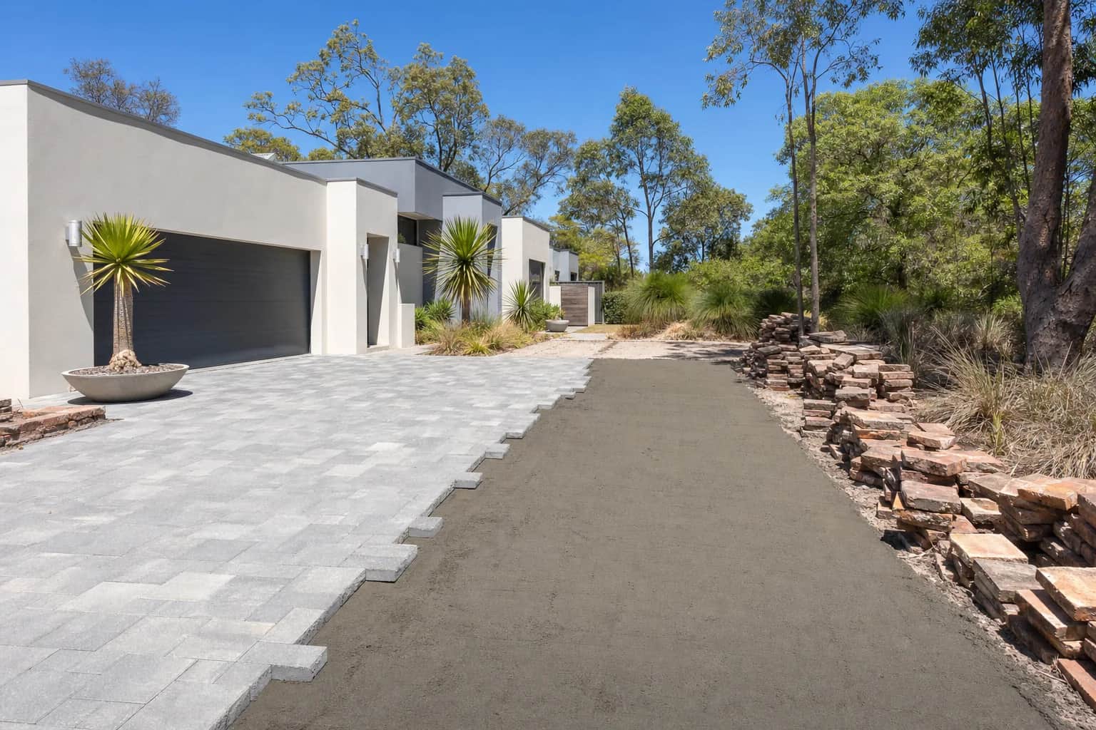 A driveway part way through replacement, old clay pavers lifted and stacked beside a fresh mortar bed