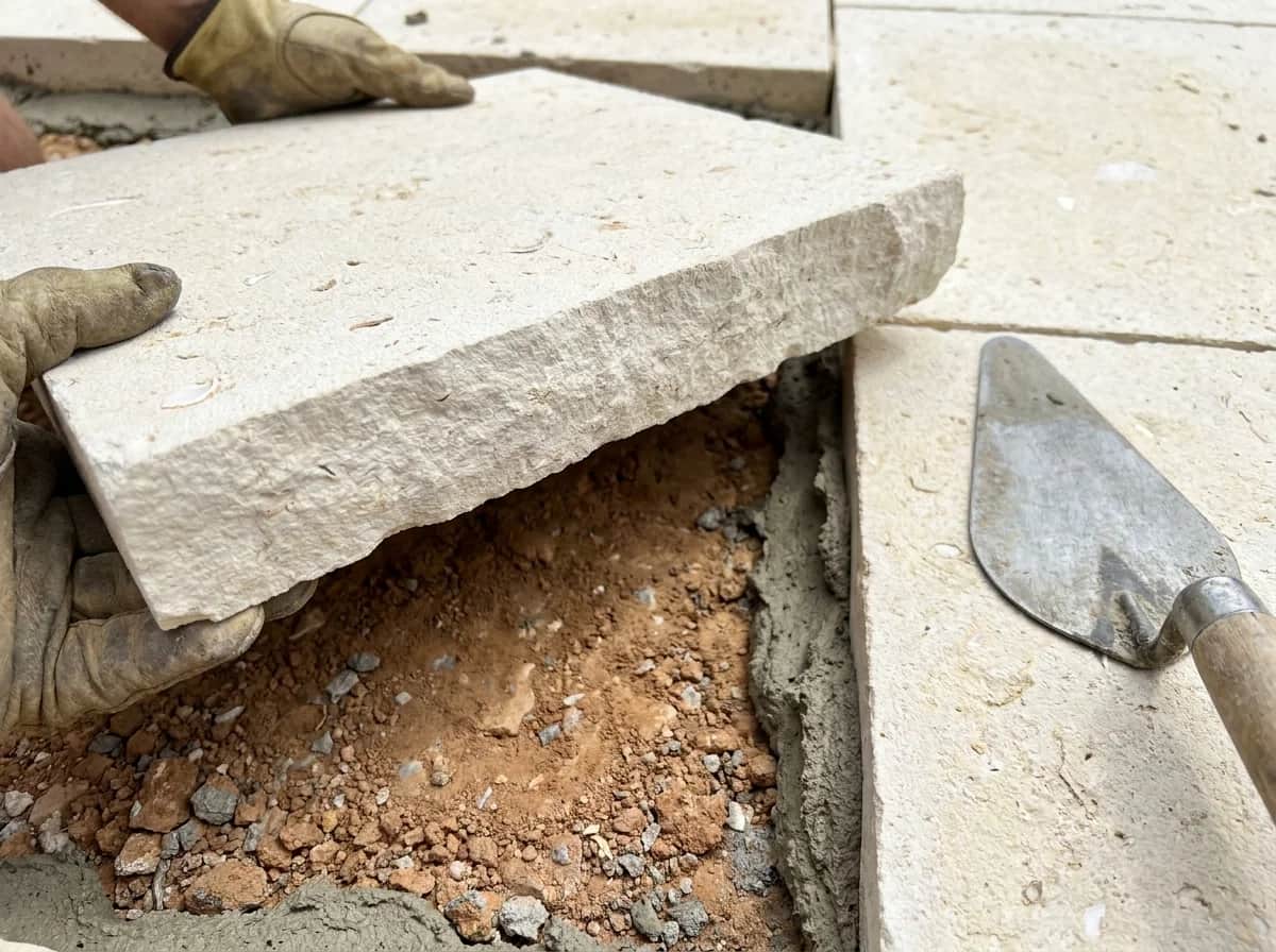 A limestone paver lifted to show the full bed of mortar and the compacted base underneath it