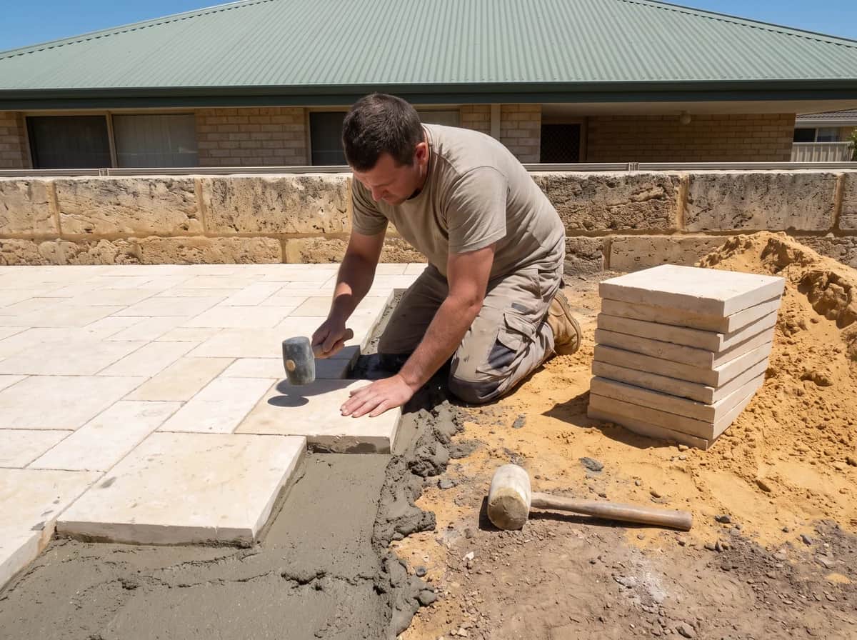 Pale limestone pavers being tapped down onto a full bed of grey mortar with a stack of spare pavers beside the run