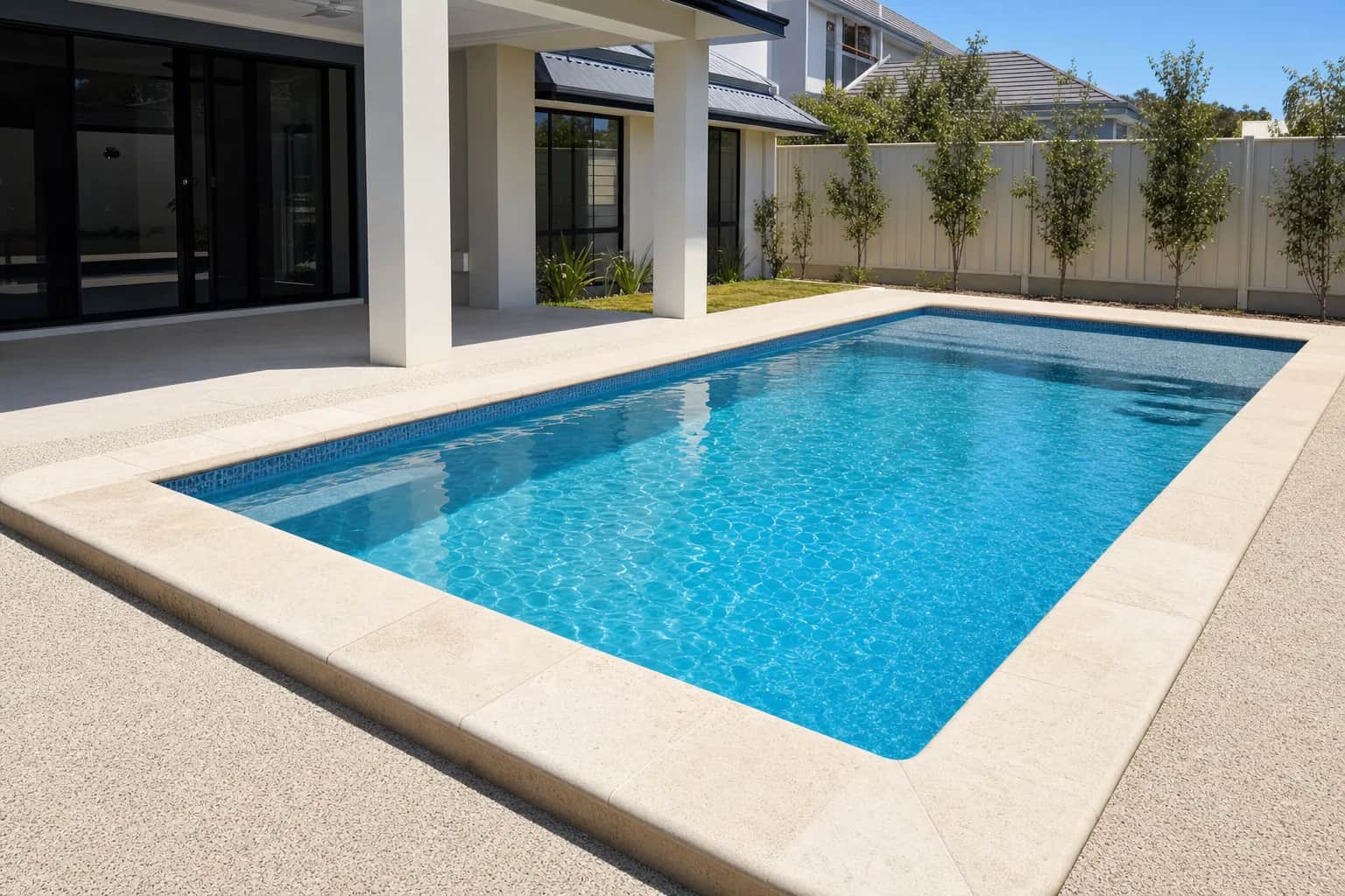 Newly laid cream travertine coping with crisp even joints around a freshly filled Perth pool