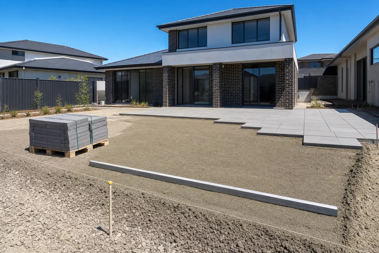 Grey concrete pavers going down onto a freshly screeded mortar bed in a new Baldivis backyard, string line and screed rail set across the area