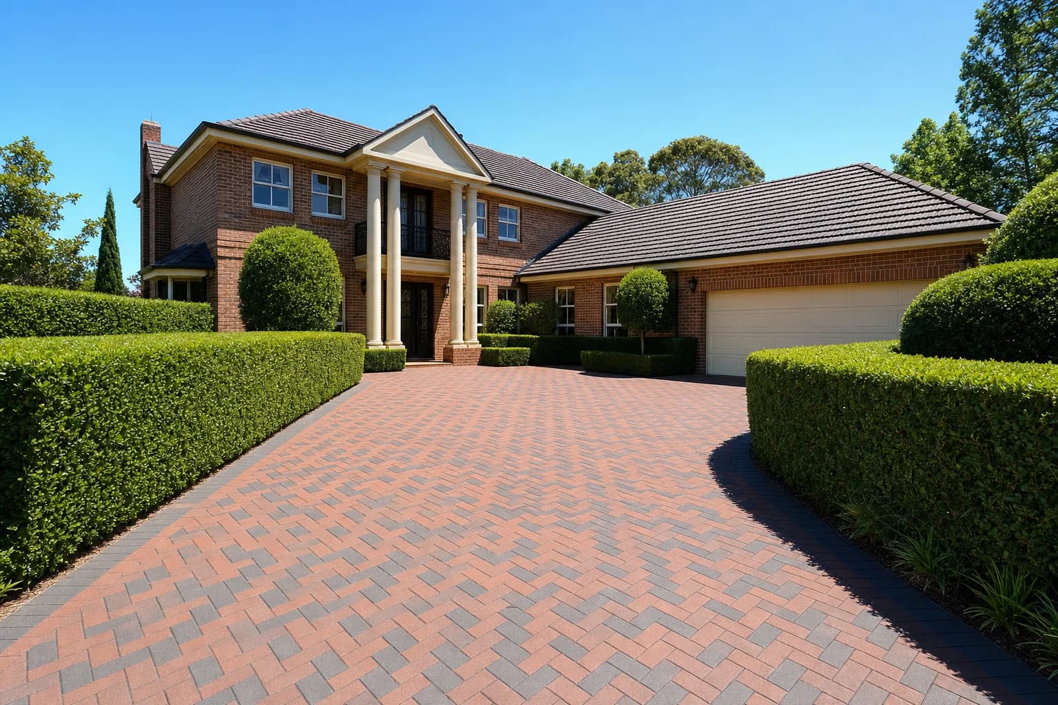 A Canning Vale driveway paved in clay pavers laid in a ninety degree herringbone bond with a soldier course border