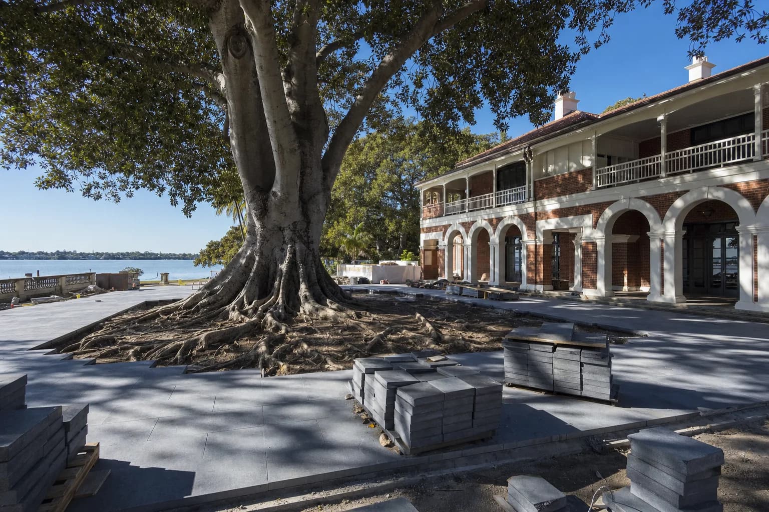 Paving being relaid around the roots of an old fig in Nedlands, the base opened up and new bluestone pavers stacked ready