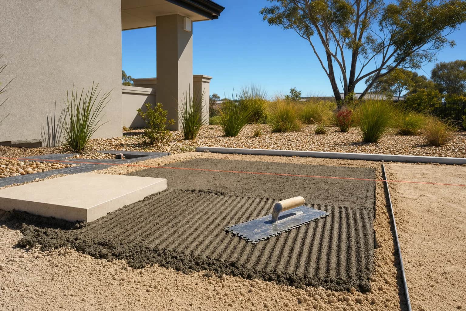 A wet mortar bed being combed with a notched trowel over a corrected base with a string line running across it