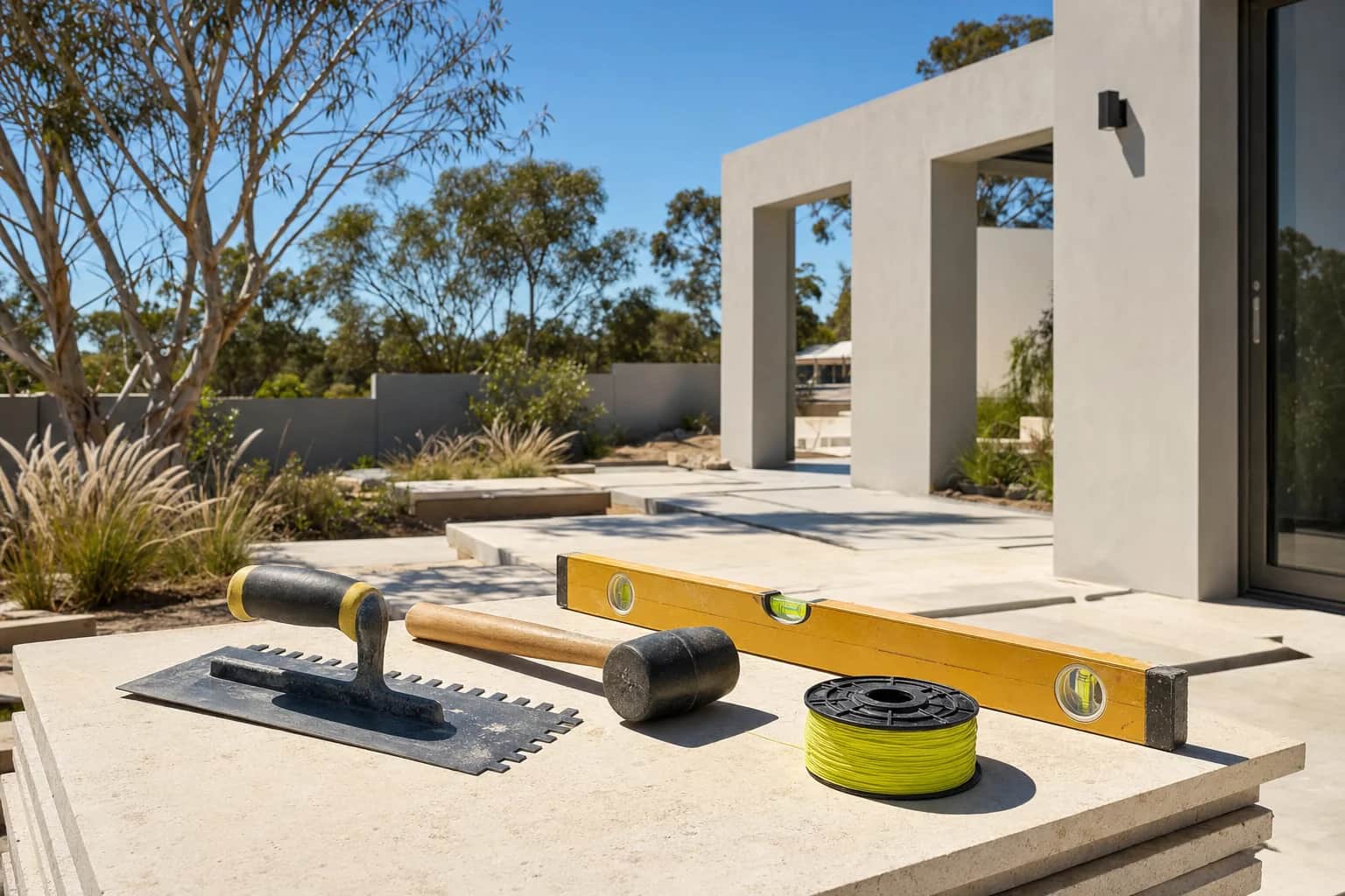 A notched trowel, rubber mallet, spirit level and string line laid out on a stack of cream travertine pavers