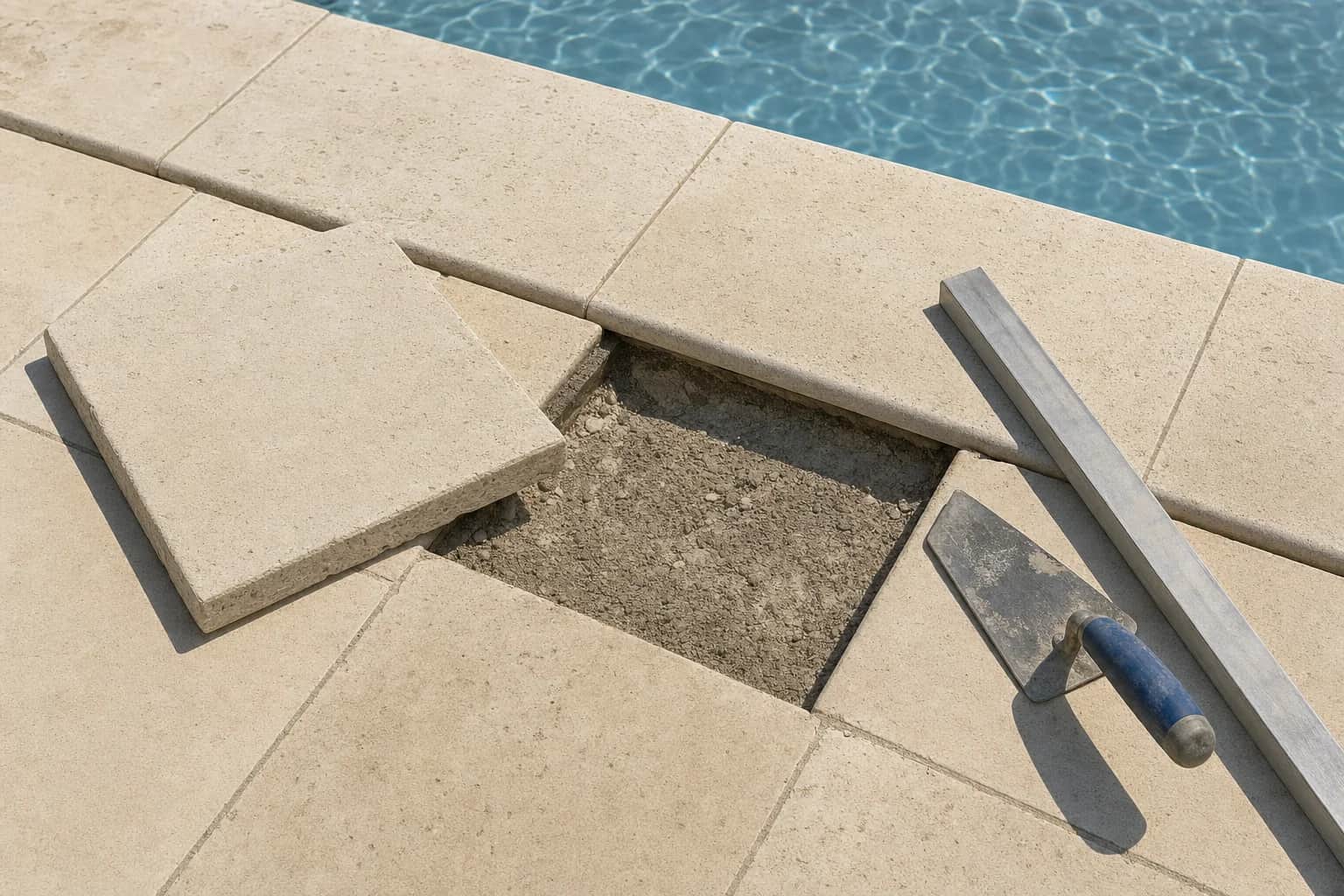 A single coping stone lifted and set aside beside a pool with the bed underneath it exposed