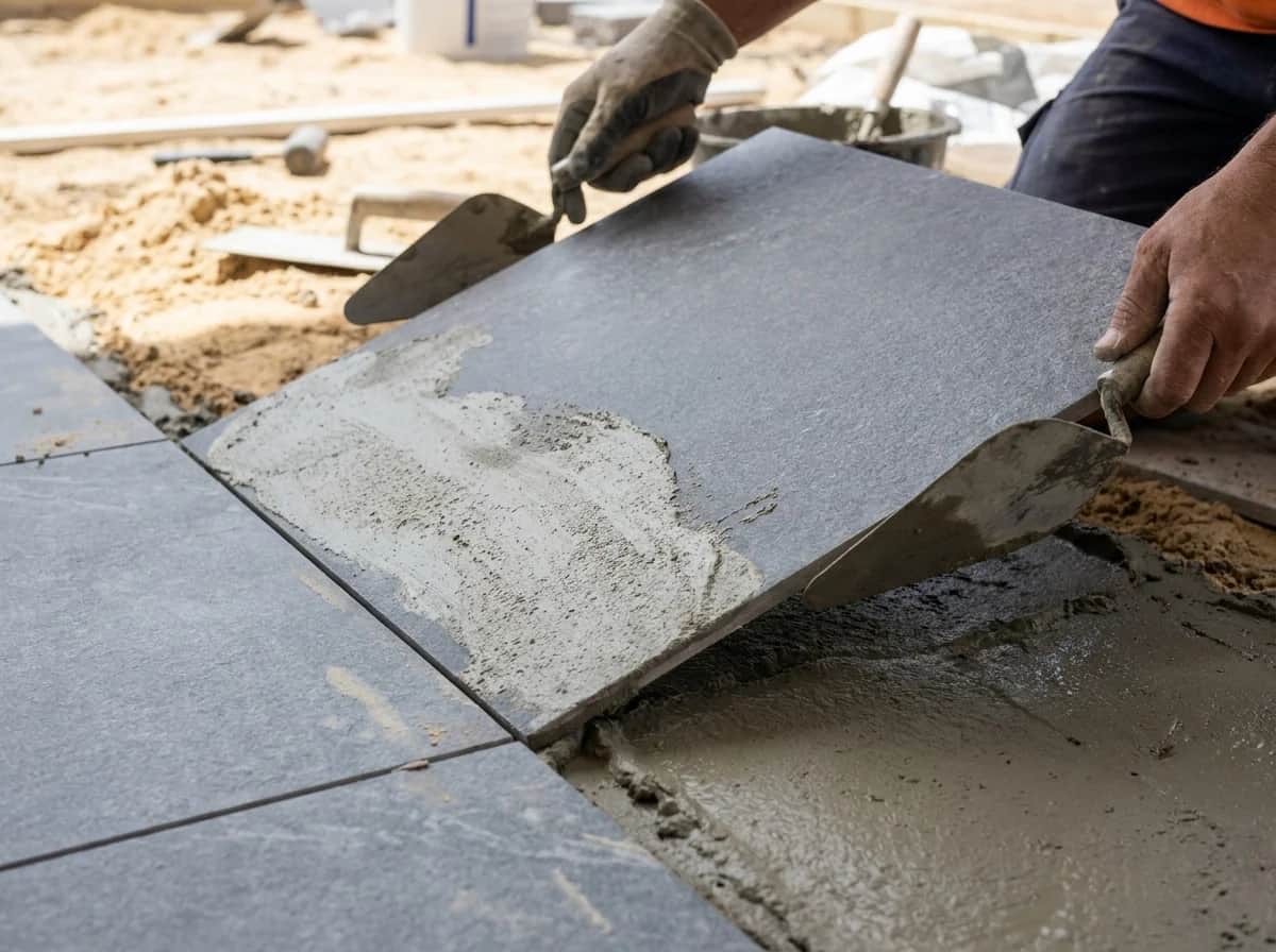 The underside of a large format porcelain paver coated in slurry primer as it is lowered onto a full mortar bed