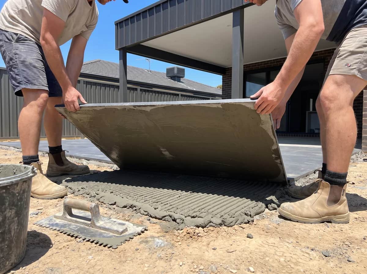 Two people lowering a large format porcelain paver onto a freshly combed bed of grey mortar at a Perth alfresco