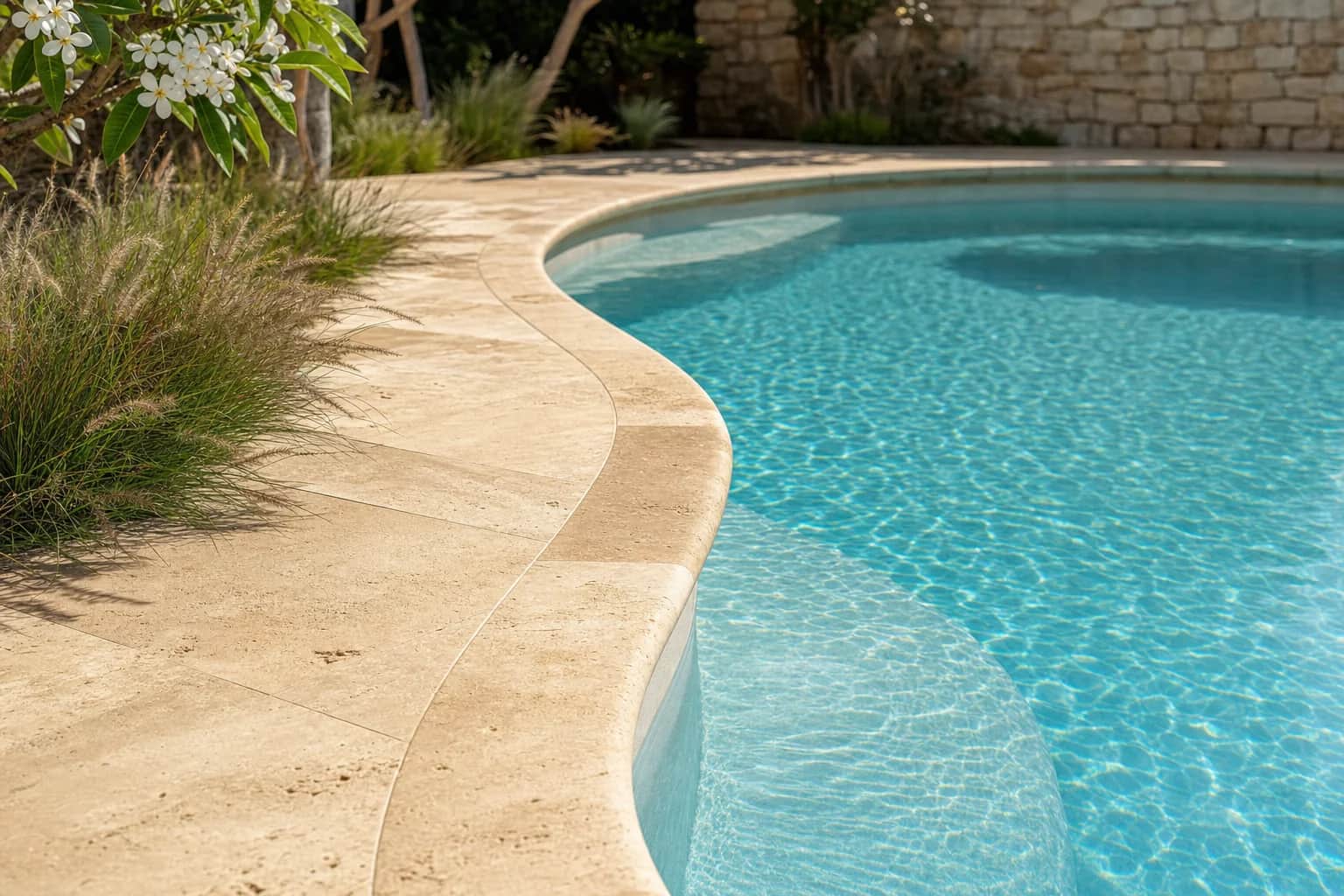 Honey toned travertine bullnose coping cut to follow the curve of a swimming pool