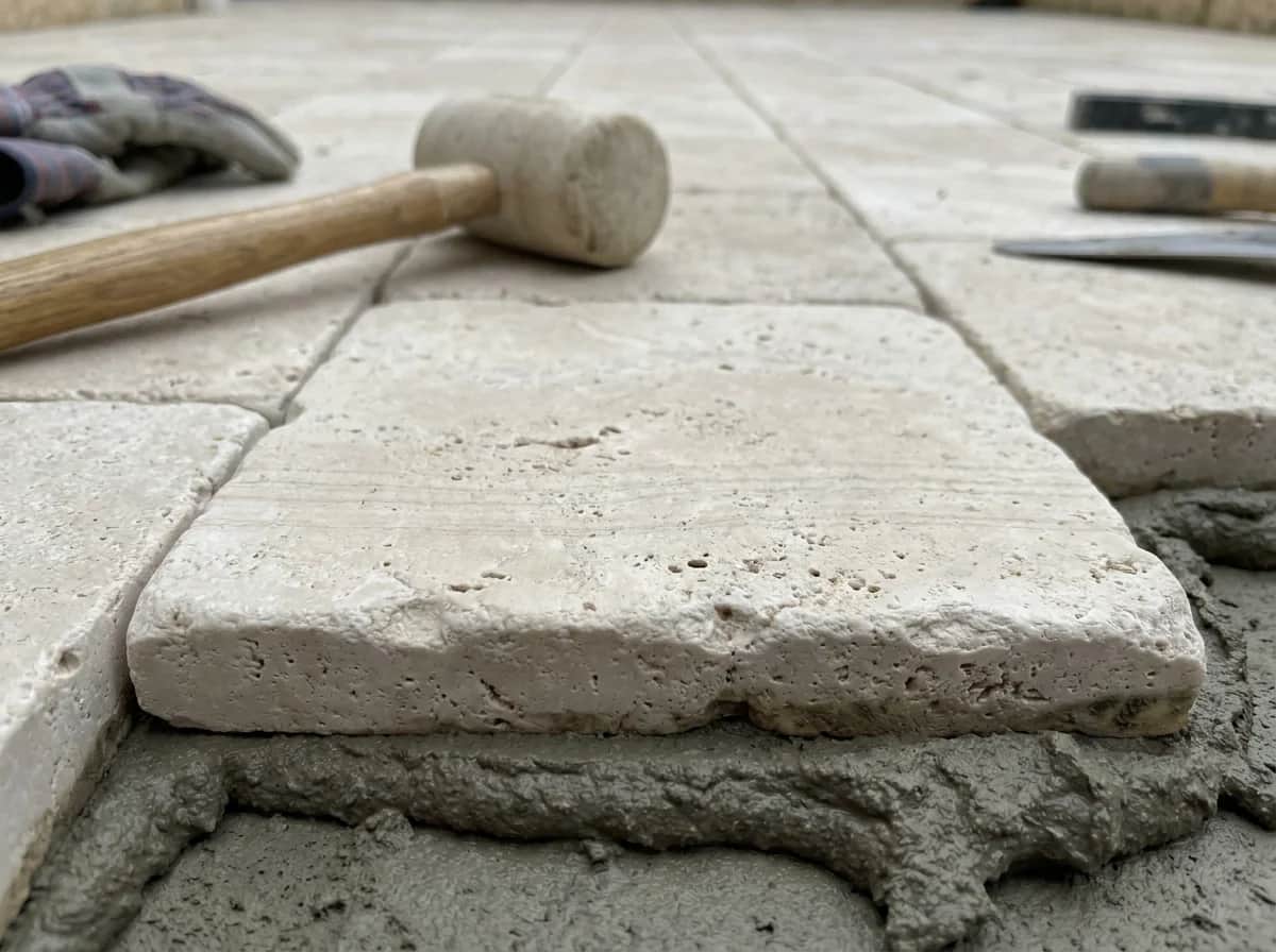 A cream tumbled travertine paver bedded onto a full bed of wet mortar, its pitted face and softened edge in close detail