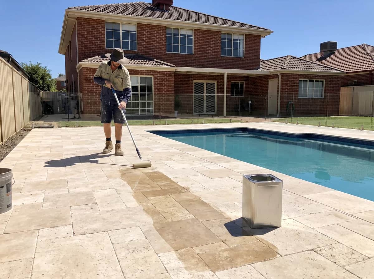 Clear sealer being rolled onto finished cream travertine paving beside a Perth pool, the sealed strip darker than the dry paving ahead of it